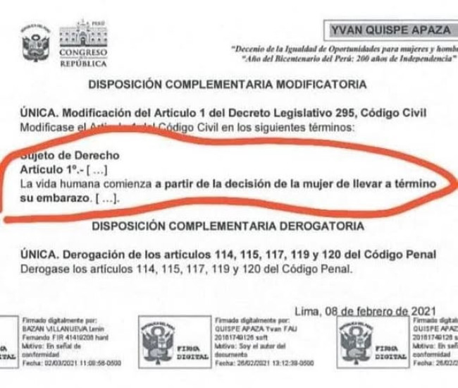 Per� elimina leyes imp�as que destru�an la dignidad de la vida humana